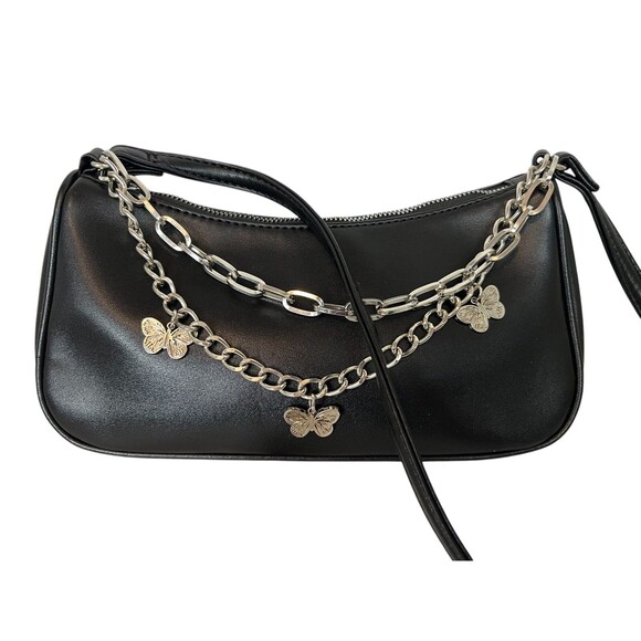 Whimsical Y2K Style Baguette Shoulder Bag Handbag Black w Butterfly Chain Detail - Picture 1 of 8